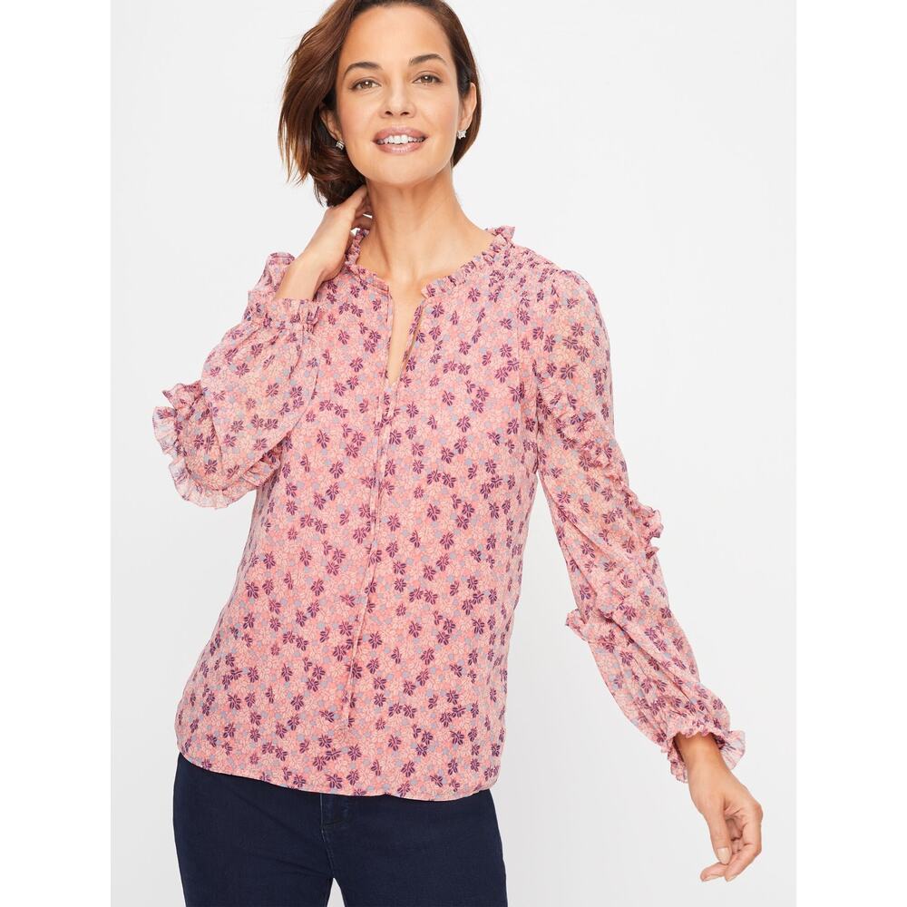Talbots Womens L Pink Floral Smocked Shoulder Tie Neck Long Sleeve Lined Blouse